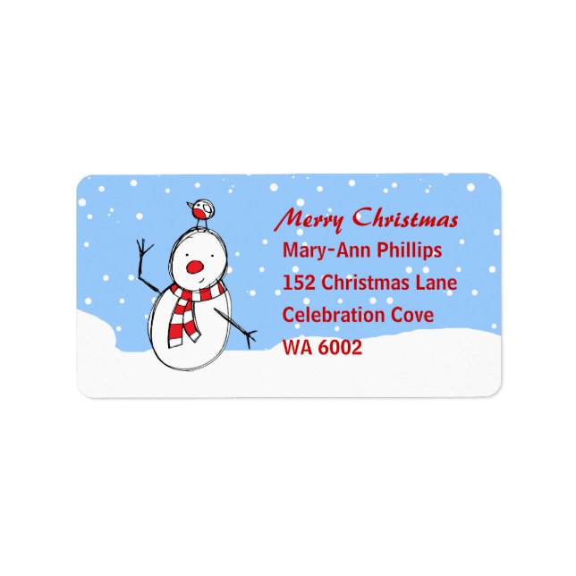 Cute Cartoon Snowman and robin Label (Front)