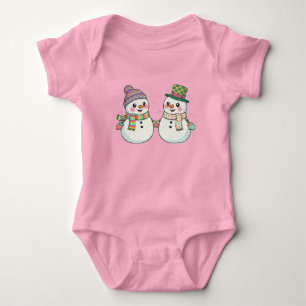 Cute Cartoon Snowman Couple Holding Hands   Winter Baby Bodysuit