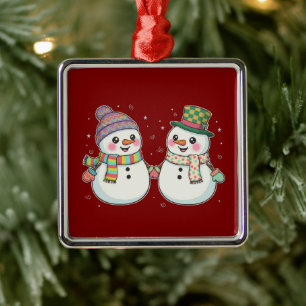 Cute Cartoon Snowman Couple Holding Hands Winter Metal Ornament