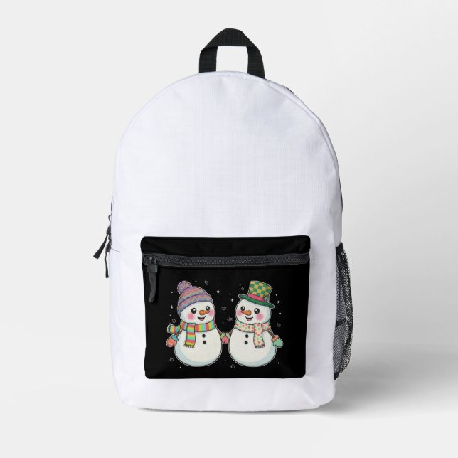 Cute Cartoon Snowman Couple Holding Hands | Winter Printed Backpack (Front)