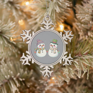 Cute Cartoon Snowman Couple Holding Hands Winter Snowflake Pewter Christmas Ornament