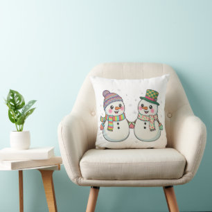Cute Cartoon Snowman Couple Holding Hands Winter Throw Pillow