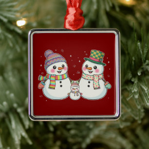 Cute Cartoon Snowman Family Winter Holiday Metal Ornament