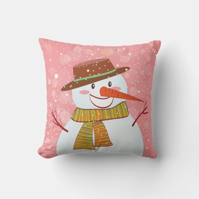 Cute Cartoon Snowman in a Winter Snowfall Throw Pillow (Front)