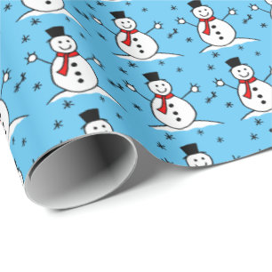 Cute Cartoon Snowman on Blue Christmas Wrapping Paper