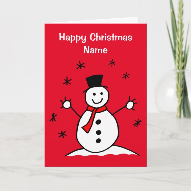 Cute Cartoon Snowman Red Christmas Card (Front)