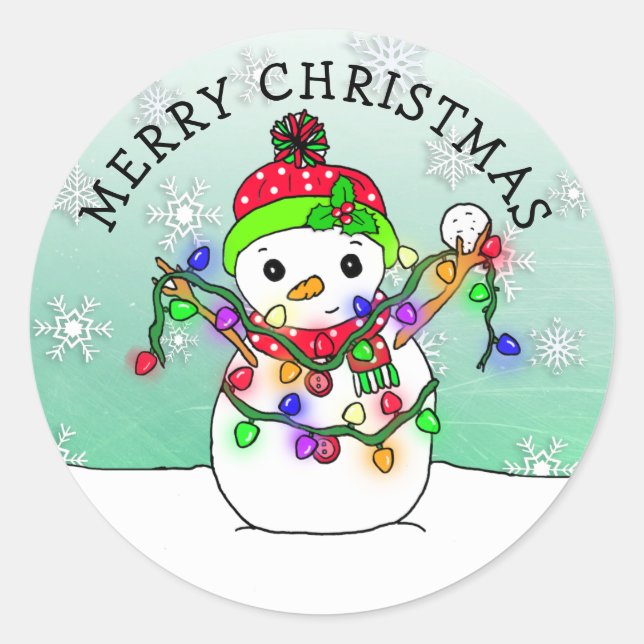 Cute Cartoon Snowman Snowflake Christmas Classic Round Sticker (Front)