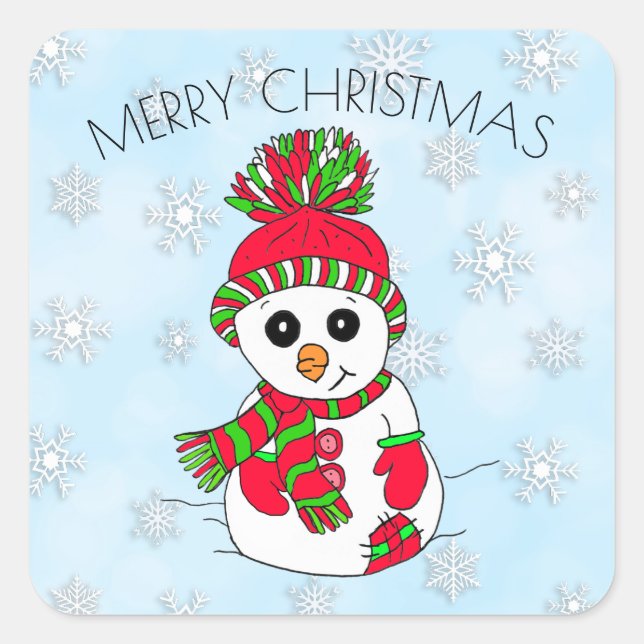 Cute Cartoon Snowman Snowflake Christmas Square Sticker (Front)