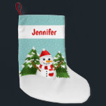 Cute Cartoon Snowman With Personalizable Name Red Small Christmas Stocking<br><div class="desc">This personalizable Christmas stocking features Destei's cartoon illustration of a cute snowman on a teal colour background with some white dots as snow. The snowman is wearing a red and white striped scarf and a red hat. Behind the snowman there are two green fir trees that has some snow on...</div>
