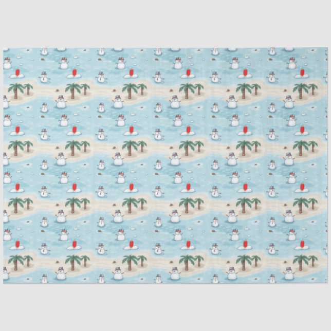 Cute Cartoon Snowmen on a Beach Vacation Tissue Paper (Front)