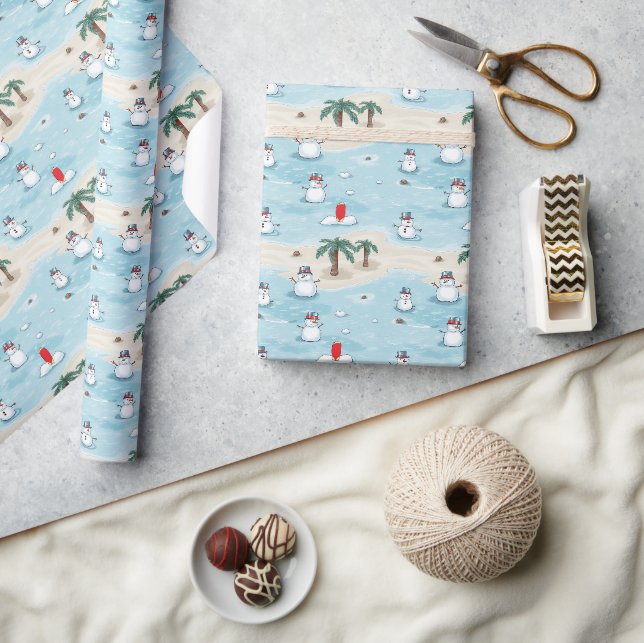 Cute Cartoon Snowmen on a Beach Vacation Wrapping Paper (Crafts)