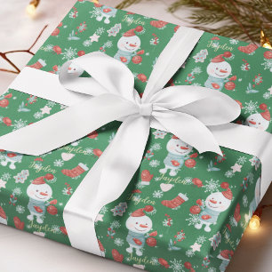 Cute Cartoon Snowmen Red Green Custom Wrapping Paper