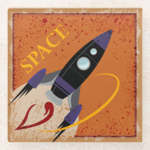 Cute Cartoon Spaceship Flying Through Space Glass Coaster