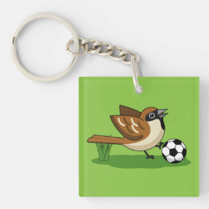 Cute Cartoon Sparrow Playing Soccer Keychain