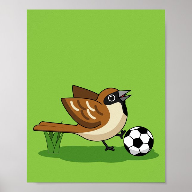 Cute Cartoon Sparrow Playing Soccer Poster (Front)