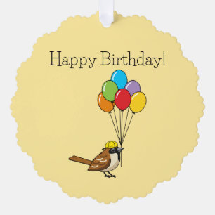 Cute Cartoon Sparrow with Balloons Birthday Ornament Card