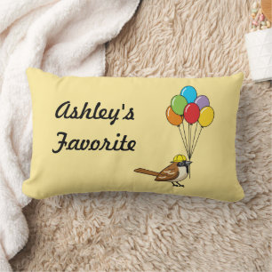 Cute Cartoon Sparrow with Balloons Kid Name Lumbar Pillow