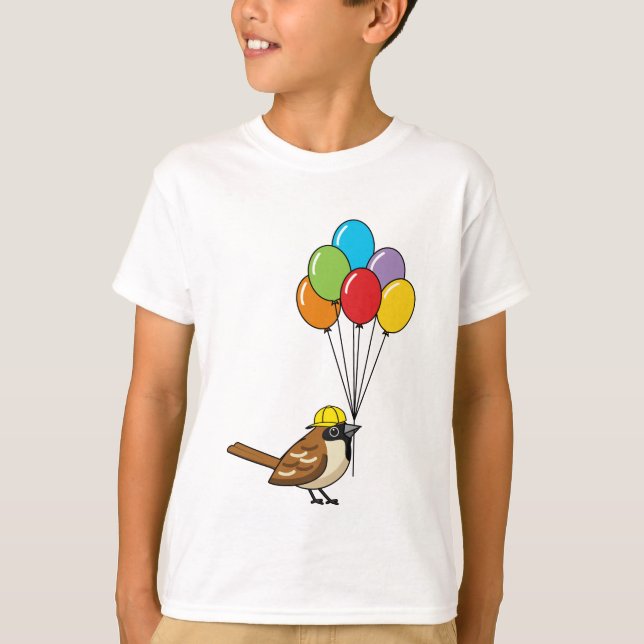 Cute Cartoon Sparrow with Balloons  T-Shirt (Front)