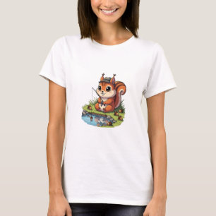 Cute Cartoon Squirrel in Hat Fishing with Acorn T-Shirt