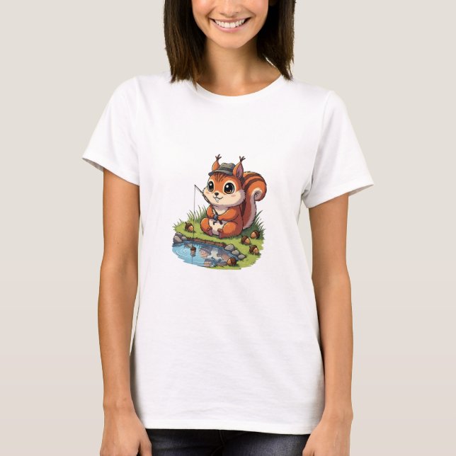 Cute Cartoon Squirrel in Hat Fishing with Acorn T-Shirt (Front)