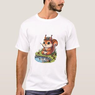 Cute Cartoon Squirrel in Hat Fishing with Acorn T-Shirt