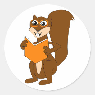 Cute Cartoon Squirrel with Glasses Reading Book Classic Round Sticker