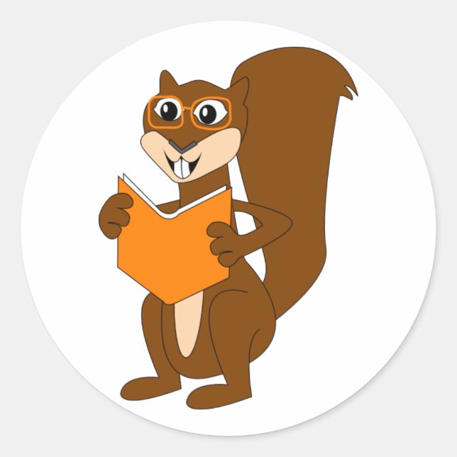 Cute Cartoon Squirrel with Glasses Reading Book Classic Round Sticker (Front)