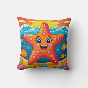 Cute Cartoon Starfish Smiling Underwater Throw Pillow