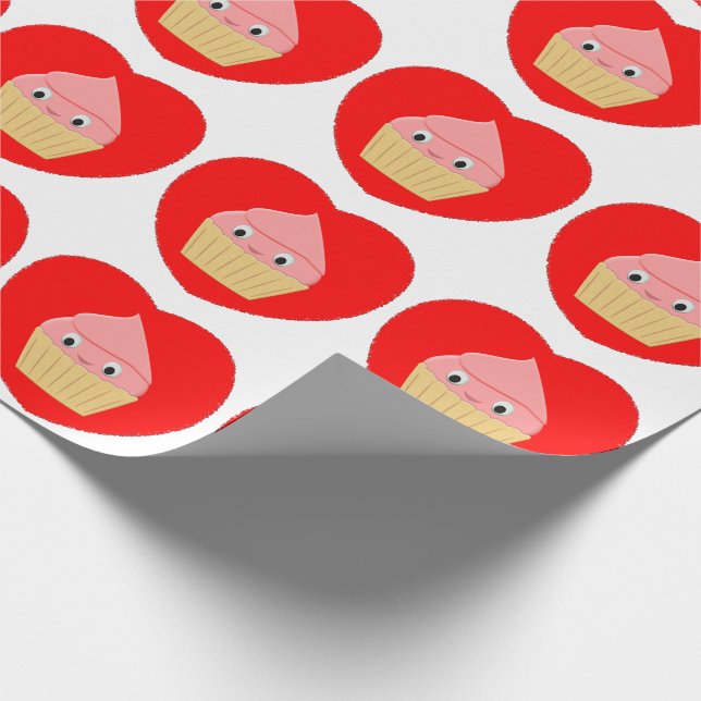 Cute Cartoon Strawberry Cupcake In Red Heart Wrapping Paper (Corner)