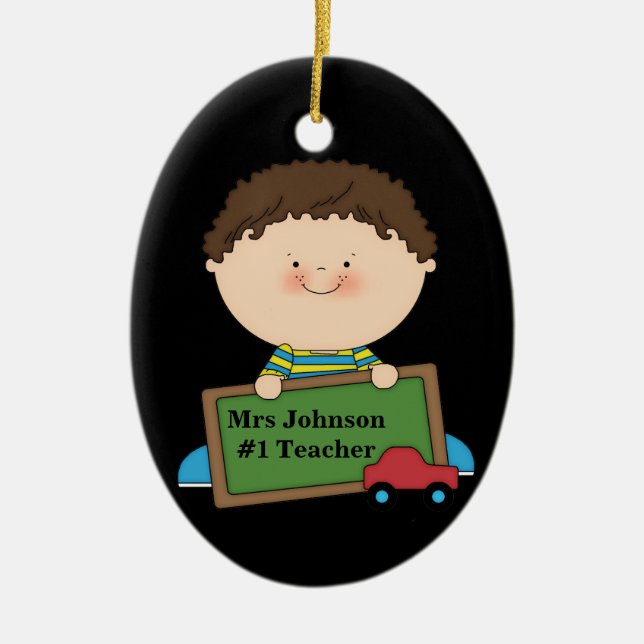 Cute Cartoon Student Holding Chalkboard #1 Teacher Ceramic Ornament (Front)