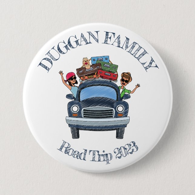 Cute Cartoon Style Family Road Trip Custom Text 3 Inch Round Button (Front)