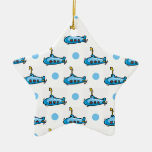 Cute Cartoon Submarine, Baby Blue Polka Dots Ceramic Ornament
