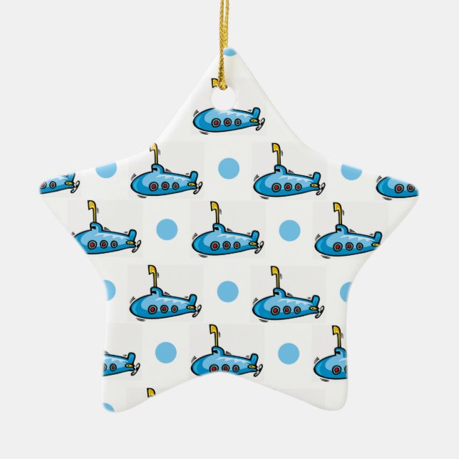 Cute Cartoon Submarine, Baby Blue Polka Dots Ceramic Ornament (Front)