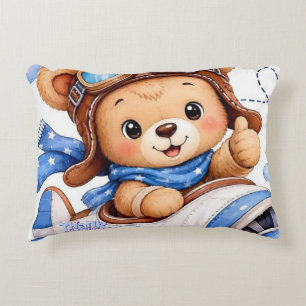 Cute Cartoon Teddy Bear Pilot Flying Airplane Wate Accent Pillow