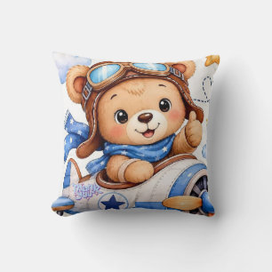 Cute Cartoon Teddy Bear Pilot Flying Airplane Wate Throw Pillow