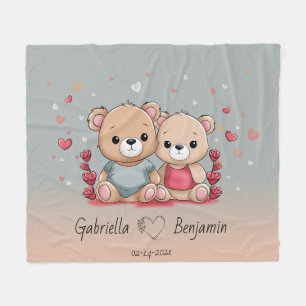 Cute Cartoon Teddy Lovers Heart Valentine’s Day  Fleece Blanket