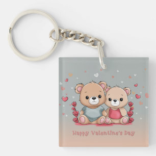 Cute Cartoon Teddy Lovers Hearts Valentine’s Day Keychain