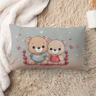 Cute Cartoon Teddy Lovers Hearts Valentine’s Day Lumbar Pillow