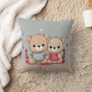 Cute Cartoon Teddy Lovers Hearts Valentine’s Day Throw Pillow