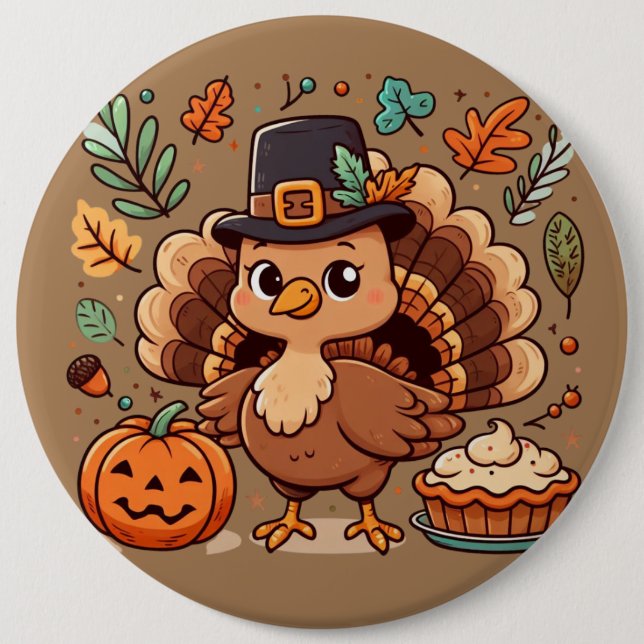 Cute Cartoon Thanksgiving turkey and pumpkin 6 Inch Round Button (Front)