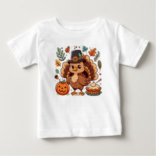 Cute Cartoon Thanksgiving turkey and pumpkin Baby T-Shirt