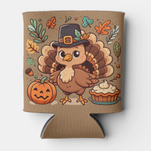 Cute Cartoon Thanksgiving turkey and pumpkin Can Cooler