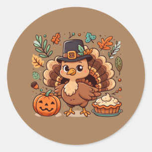 Cute Cartoon Thanksgiving turkey and pumpkin Classic Round Sticker