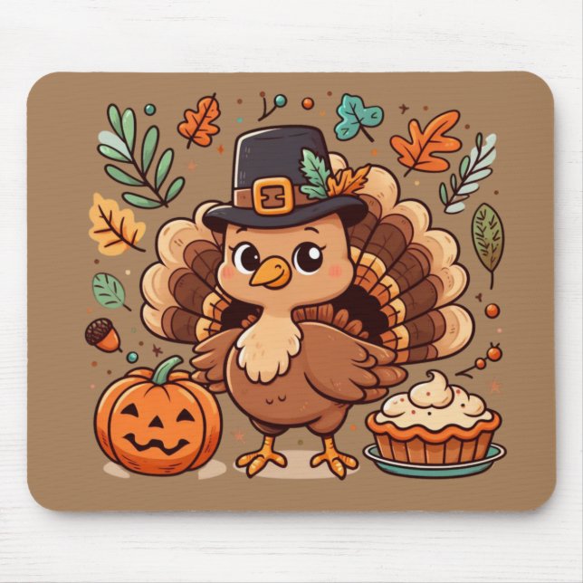 Cute Cartoon Thanksgiving turkey and pumpkin Mouse Pad (Front)