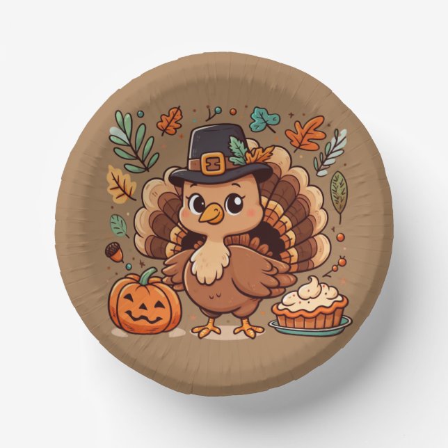 Cute Cartoon Thanksgiving turkey and pumpkin Paper Plate (Front)