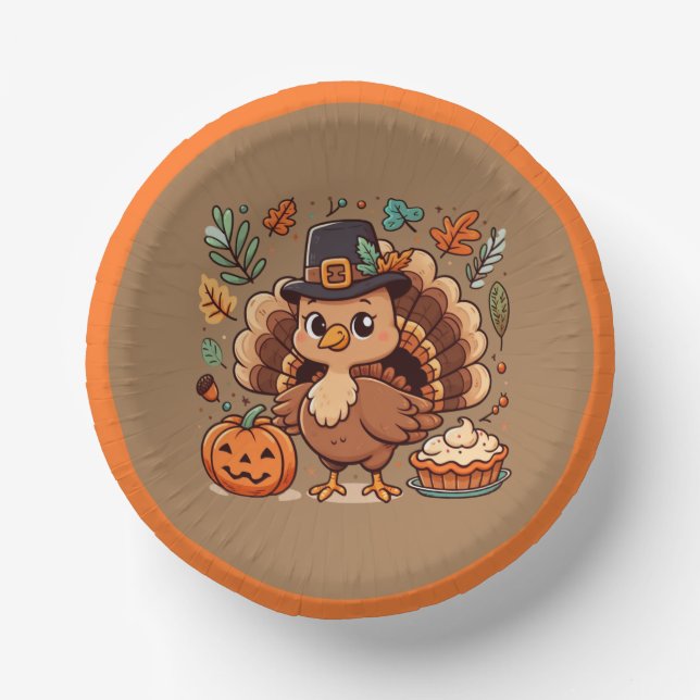 Cute Cartoon Thanksgiving turkey and pumpkin Paper Plate (Front)
