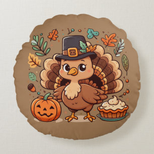 Cute Cartoon Thanksgiving turkey and pumpkin Round Pillow