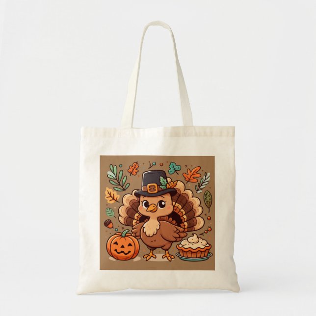 Cute Cartoon Thanksgiving turkey and pumpkin Tote Bag (Front)