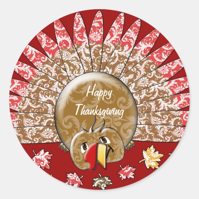 Cute Cartoon Thanksgiving Turkey Classic Round Sticker (Front)