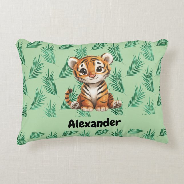 Cute Cartoon Tiger on Tropical Leaves Accent Pillow (Front)